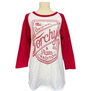 Torchy’s Tacos Red White Graphic Raglan Tee Small, Taco T-Shirt Texas Graphic T